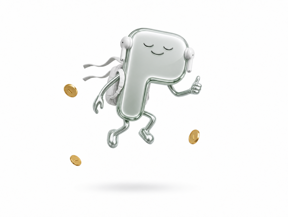 An AirPons earbud case drifting through the air under a tiny parachute while gold coins fall past it