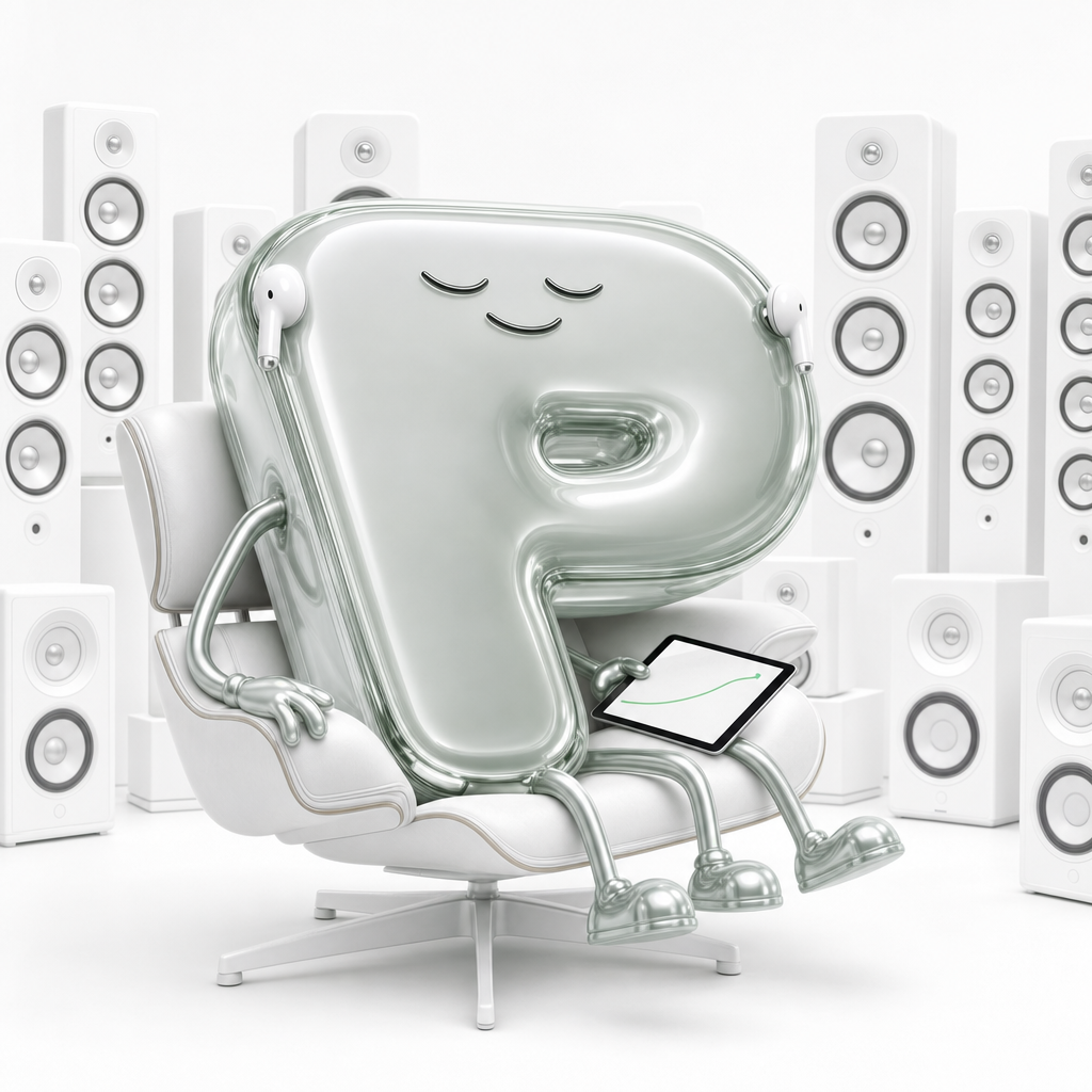 An audiophile whale standing contentedly in a room of very expensive, completely silent speakers